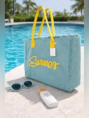 Summer Script Denim Tote Bag with Yellow Handles